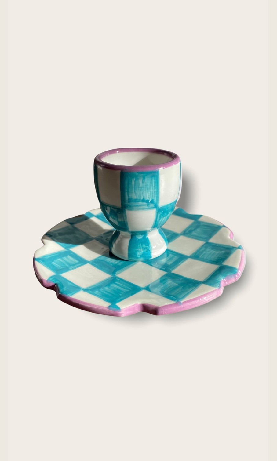 Kitchen & Garden Plümo | Blue Check Egg Cup + Small Plate